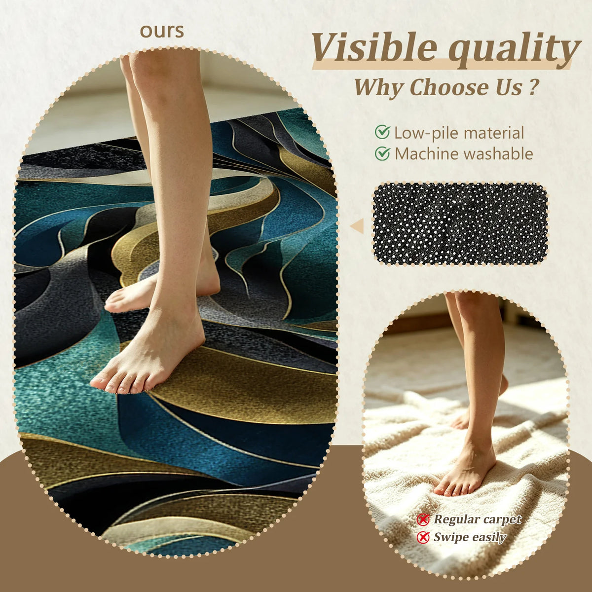 Machine Washable Velvet Abstract Wave Area Rug With Nonslip Backing