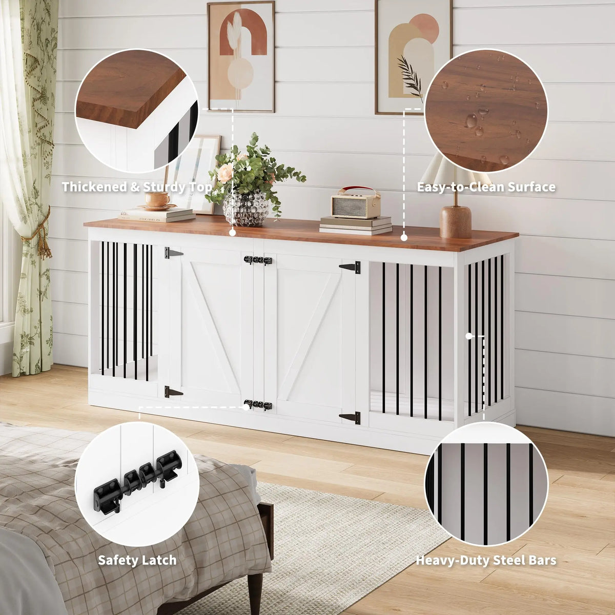 Farmhouse Dog Crate Furniture TV Stand With Secure Lockable Doors