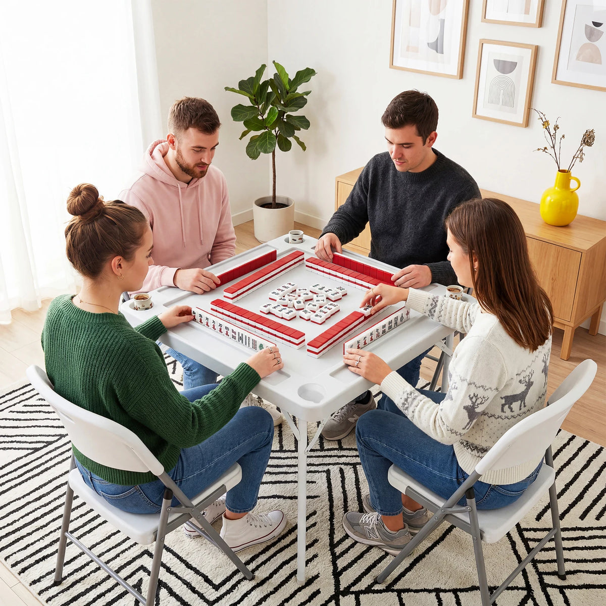 35" Folding Card Table, Portable 4-Player Domino & Mahjong Table with Cup Holders & Chip Trays, Heavy Duty Square Foldable Table for Poker, Camping and Picnic