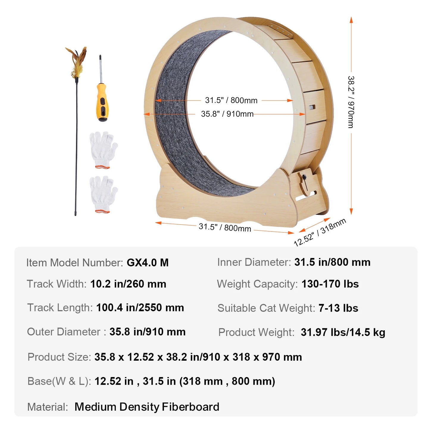 SucceBuy Wooden Cat Exercise Wheel Large Cat Treadmill Wheel for Indoor Cats Cat Running Wheel with Detachable Carpet&Cat Teaser