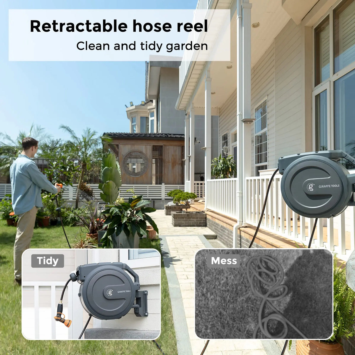 Giraffe Tools AW40 Retractable Hose Reel 5/8" x 90 ft Wall Mounted Garden Hose Reel Heavy Duty, Automatic Rewind