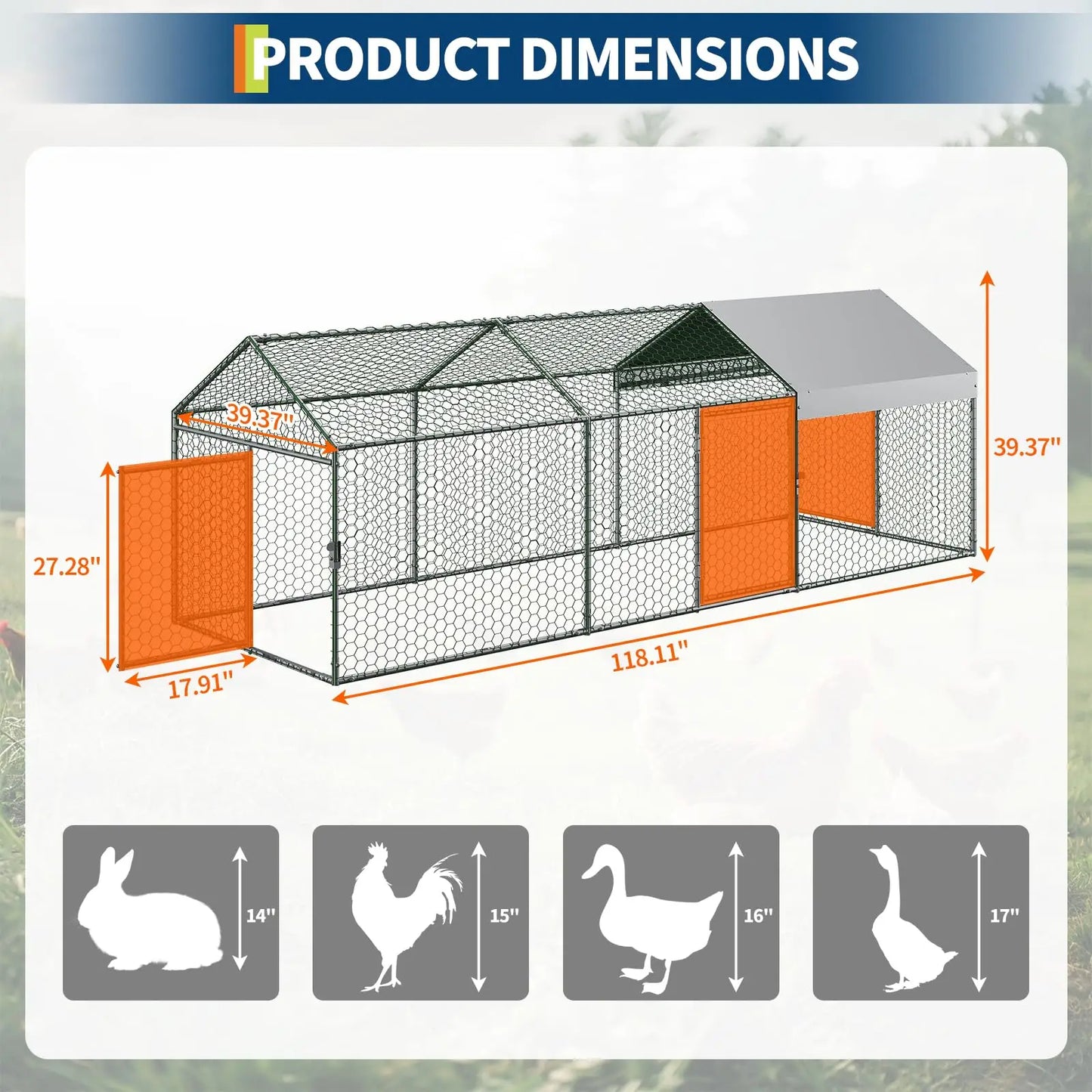 Metal Chicken Coop Heavy Duty Walk-in Chicken Runs with Doors and Anti-Uv Cover,Portable Poultry Cage Hen House Outdoor Backyard