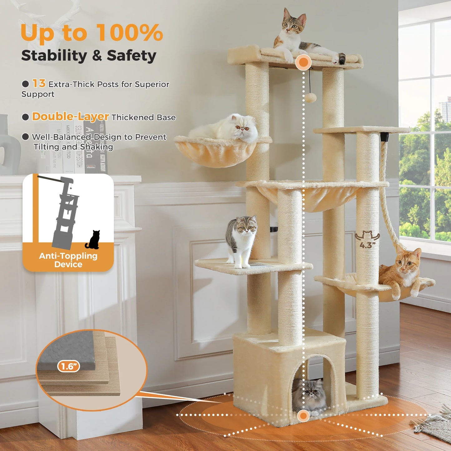 Large Cat Tree with 7 Thick Sisal Scratching Posts Big Hammocks Tall Cat Tower for Indoor Cats Large Adult with Spacious Condo