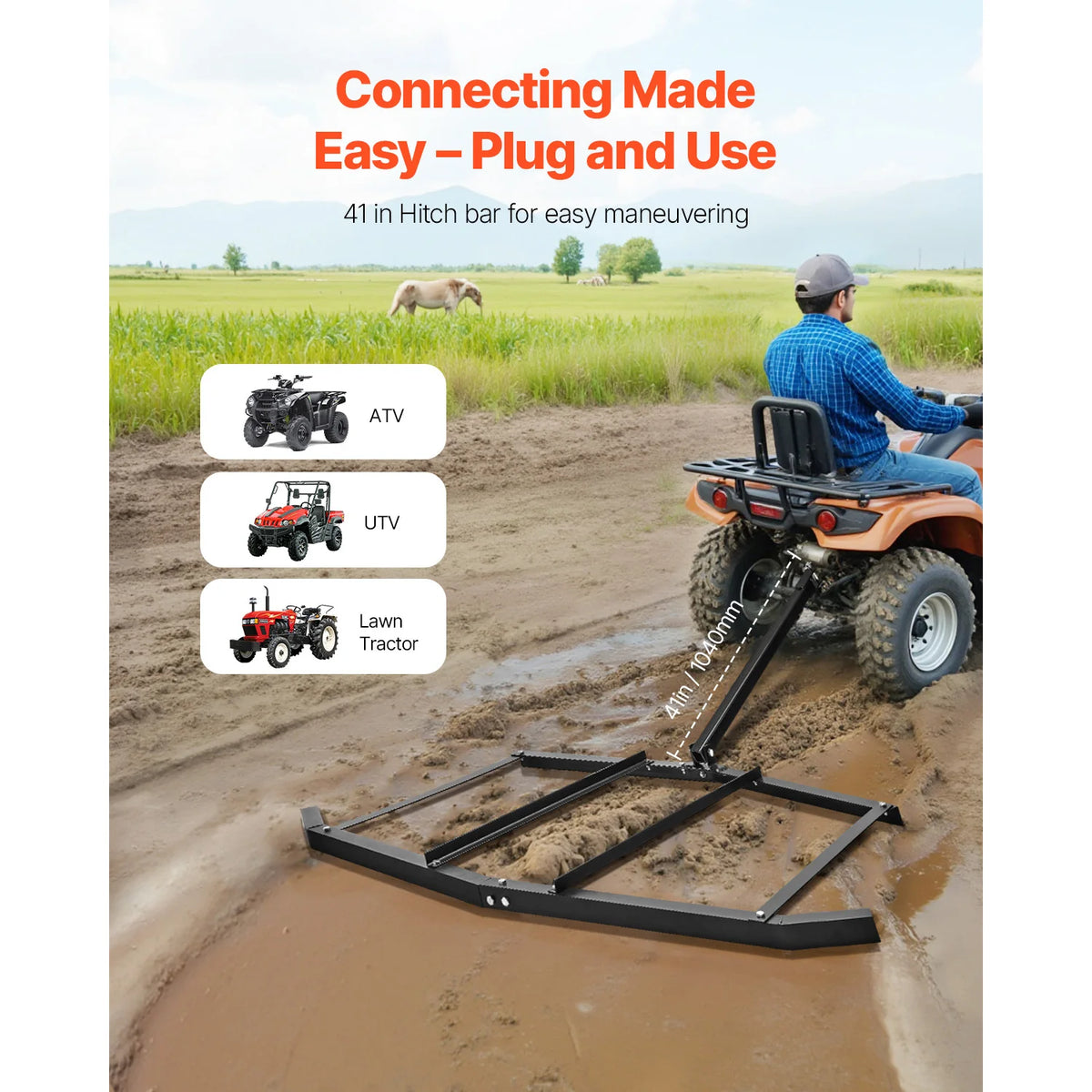 SucceBuy Drag Harrow Tow Behind Drag Harrow Q235 Steel Driveway Grader with Pin-Style Hitch for ATVs UTV Garden Lawn Tractor