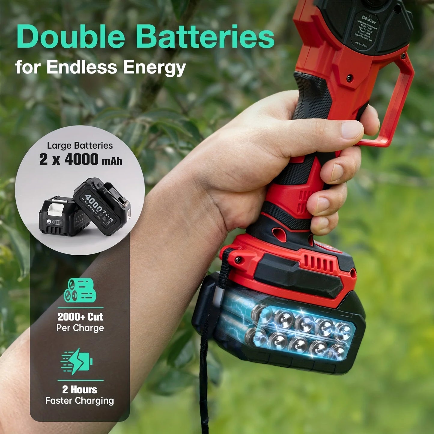 Taskstar Electric Scissors 600W Brushless Motor Cordless Pruning Shears with SK5 Blade&2 4.0Ah Battery, Max. 40mm, 0.8/1.2/1.6 Inch 3-gear Adjustable, For Pruning Tree Branches