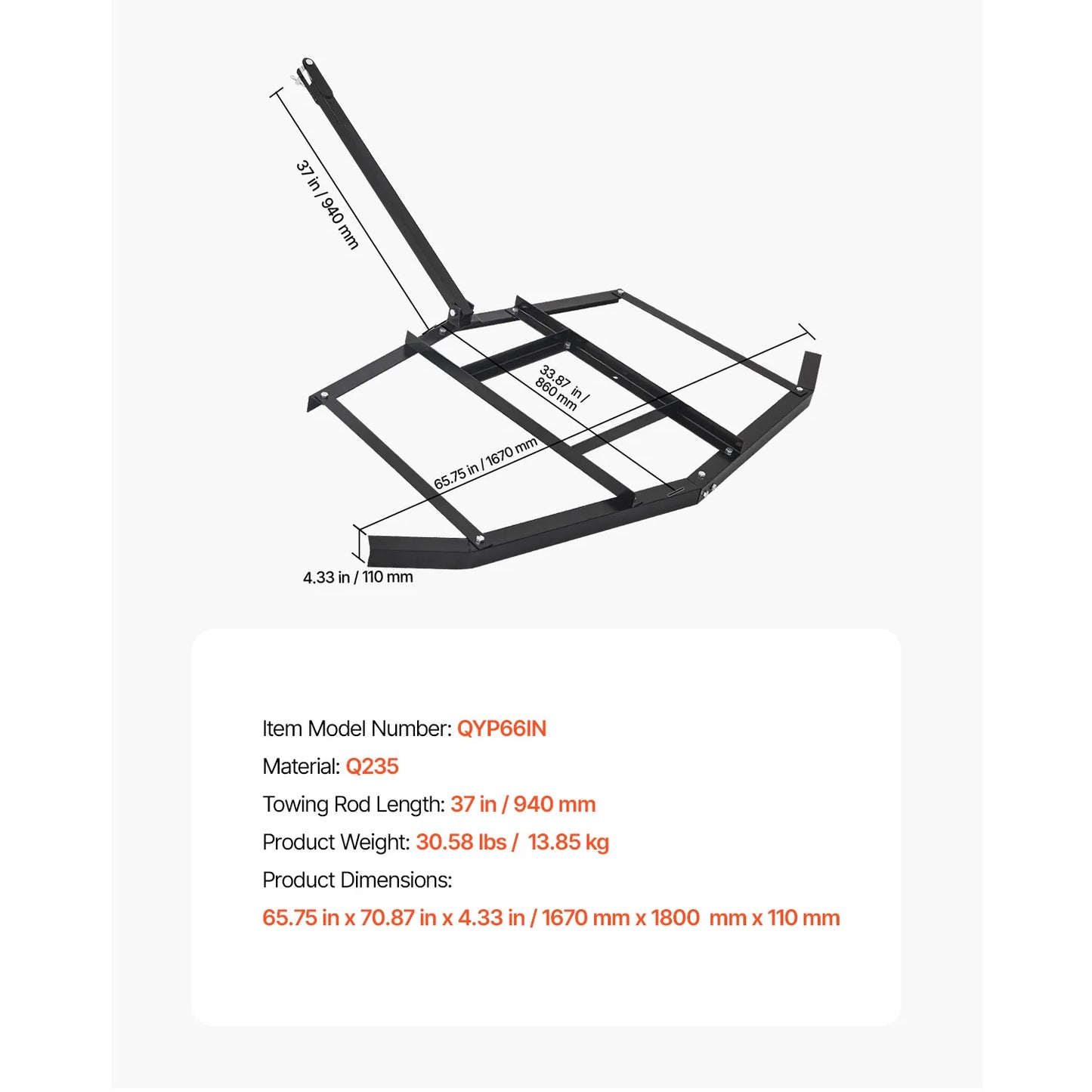 SucceBuy Drag Harrow Tow Behind Drag Harrow Q235 Steel Driveway Grader with Pin-Style Hitch for ATVs UTV Garden Lawn Tractor