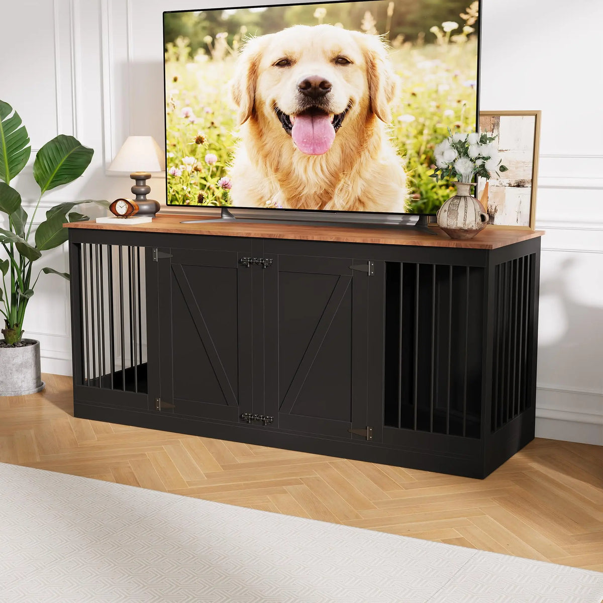 Farmhouse Dog Crate Furniture TV Stand With Secure Lockable Doors