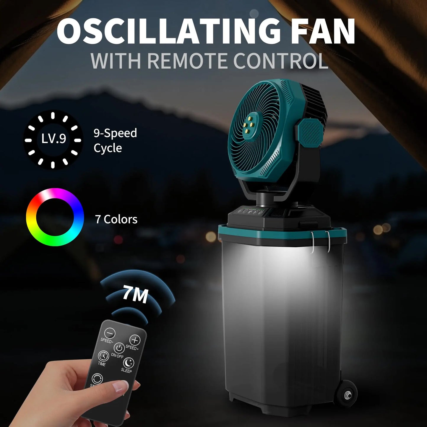 15L Portable Misting Bucket Fan 30000mAh Rechargeable Mister Fan With Remote Oscillating Wheels For Patio Beach Camping Golf