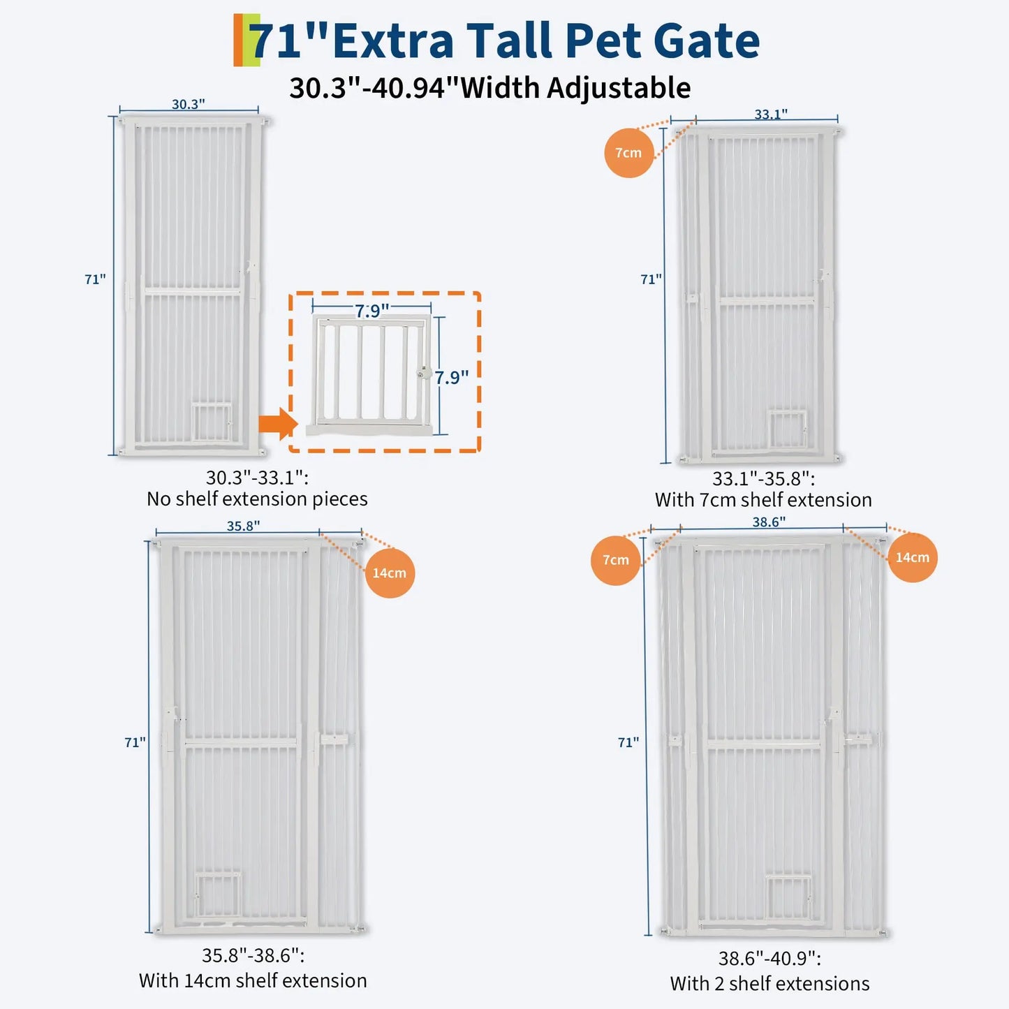 71" Extra Tall Pet Gate for Cats, 30.3-40.9'' Width Adjustable Pet Door | No-Drilling Pressure Mounted, Cat Gate with Door for Stairs, Doorways, Kitchen, 4 Extensions Kits