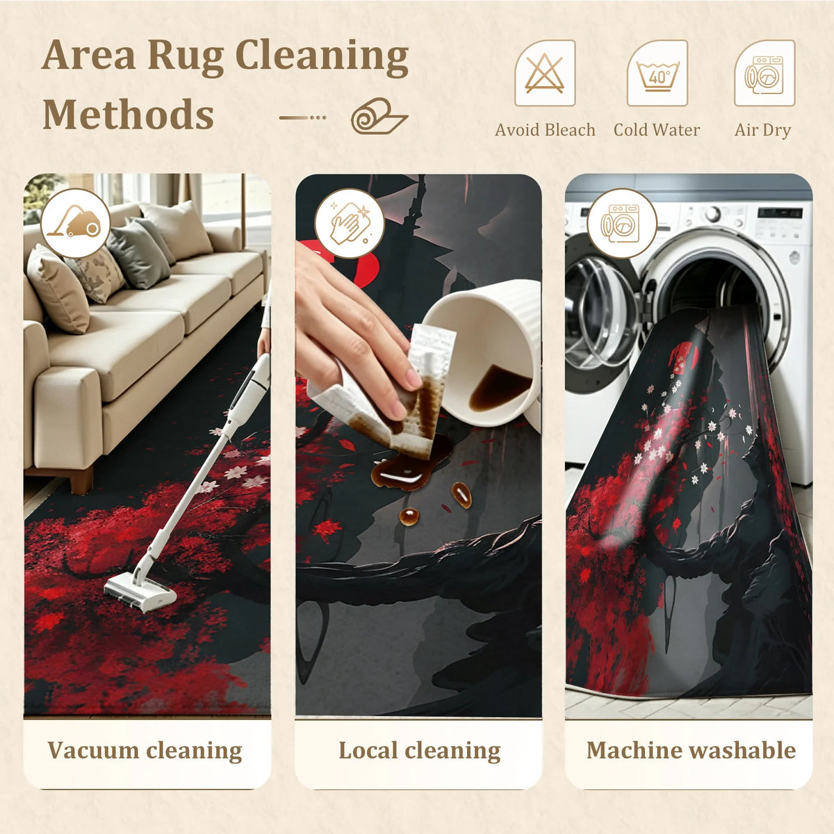 Machine Washable Velvet Japanese Cherry Blossom Mountain Area Rug