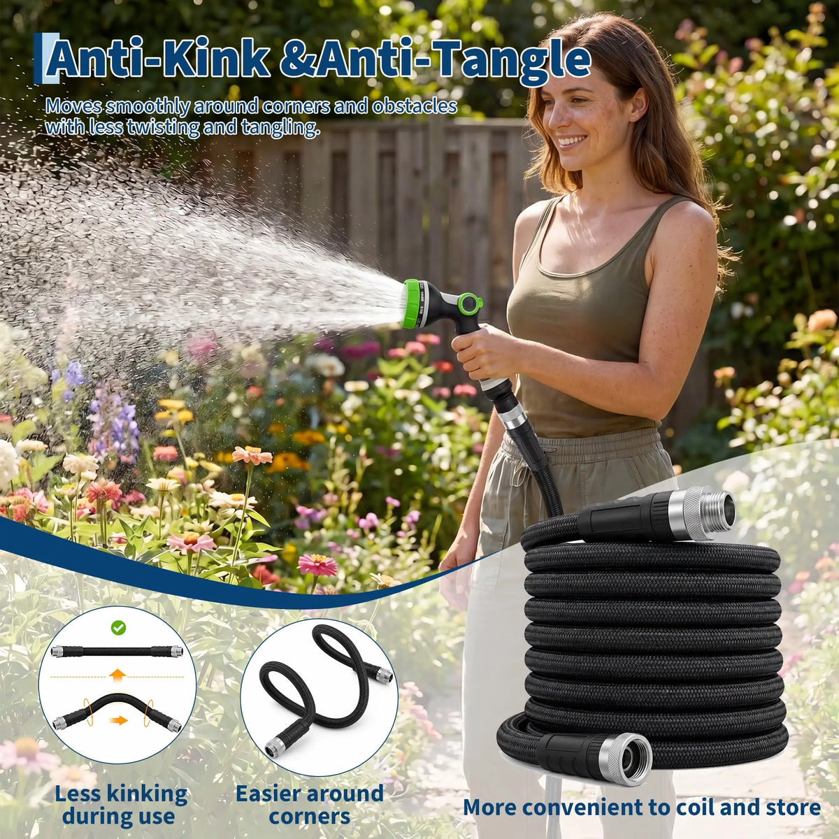 25/50/75/100 FT Non-Expandable Garden Hose, Lightweight Water Hose With TPE Inner Tube, Anti-Kink Braided Hose For Car Wash Yard Patio