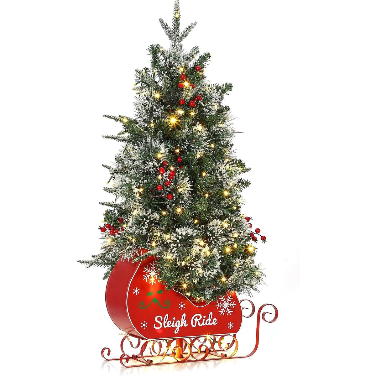 3FT Christmas Tree With 78 Lights Pre-Lit Artificial Desktop Xmas Tree With 8 Mode Includes Red Berries & Sleigh Base