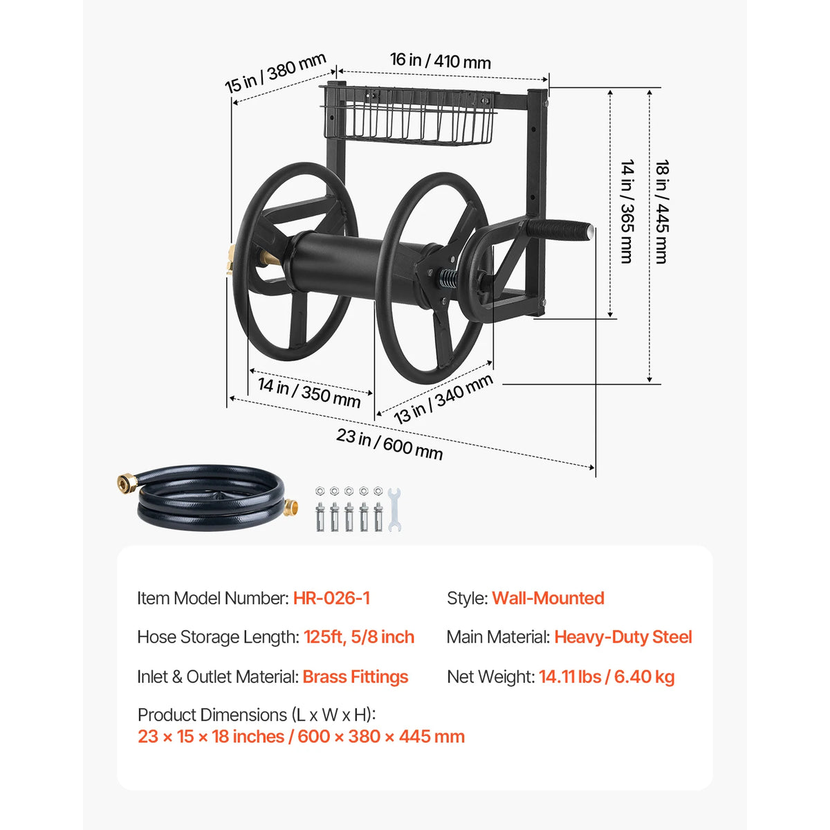 SucceBuy Wall Mounted Garden Hose Reel Holds 125ft 5/8-in Heavy-Duty Water Winder Outdoor Manual Reel w/Brass Fitting and Basket