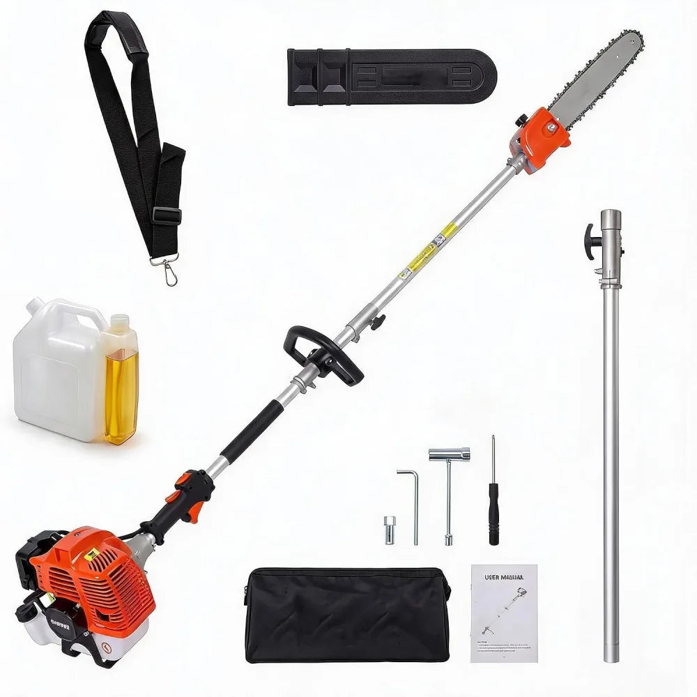 52/43 CC Gas Powered Pole Saw 2-Stroke Chainsaw 12" Bar 2.0HP 3000RPM Tree Trimmer Pruner 16ft Reach 1200ml Tank Shoulder Strap Ergonomic Handle for Garden Orchard Branch Cutting Logging Heavy Duty High Reach Landscaping Hedg