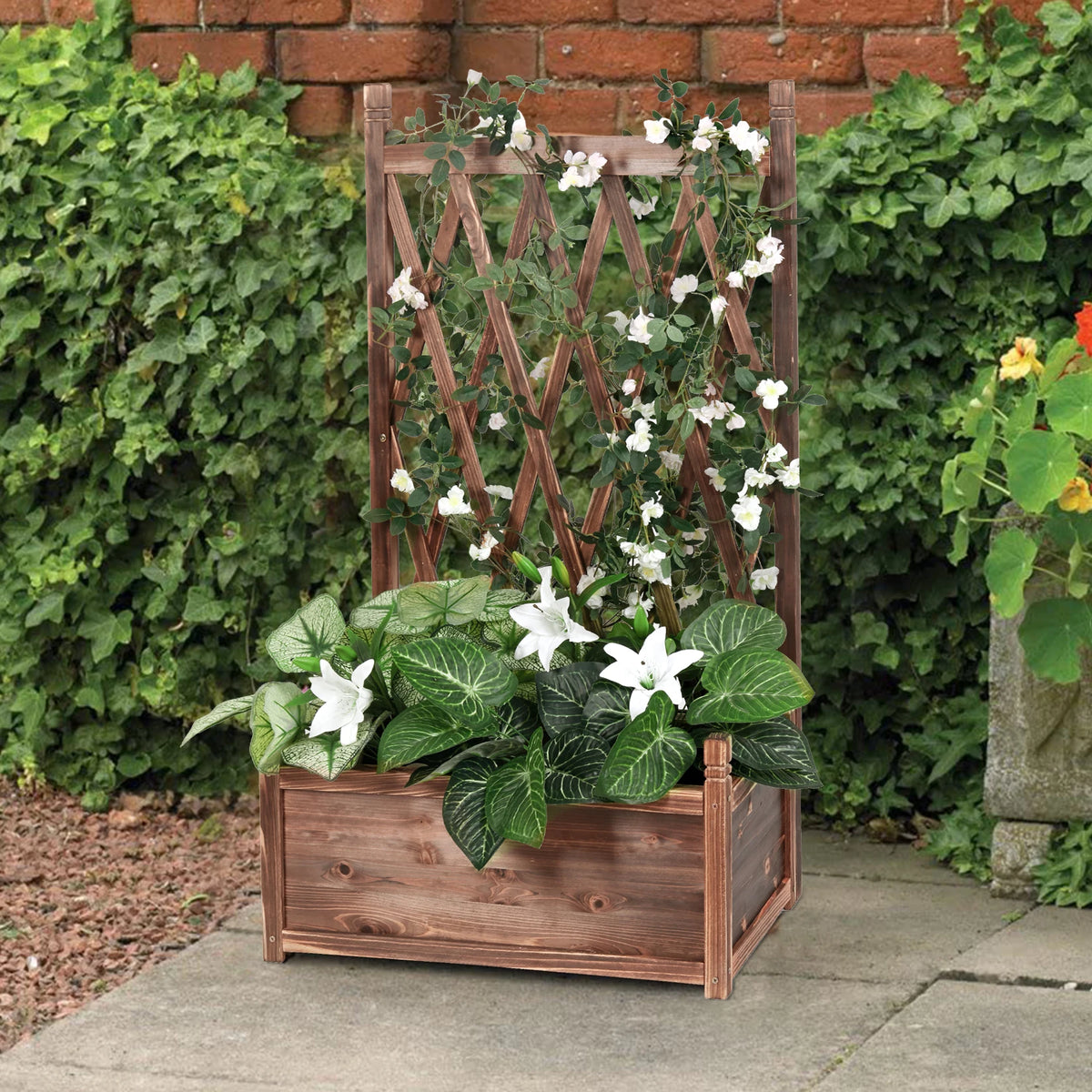 Elevated Wooden Garden Planter Box With Trellis For Outdoor Herbs