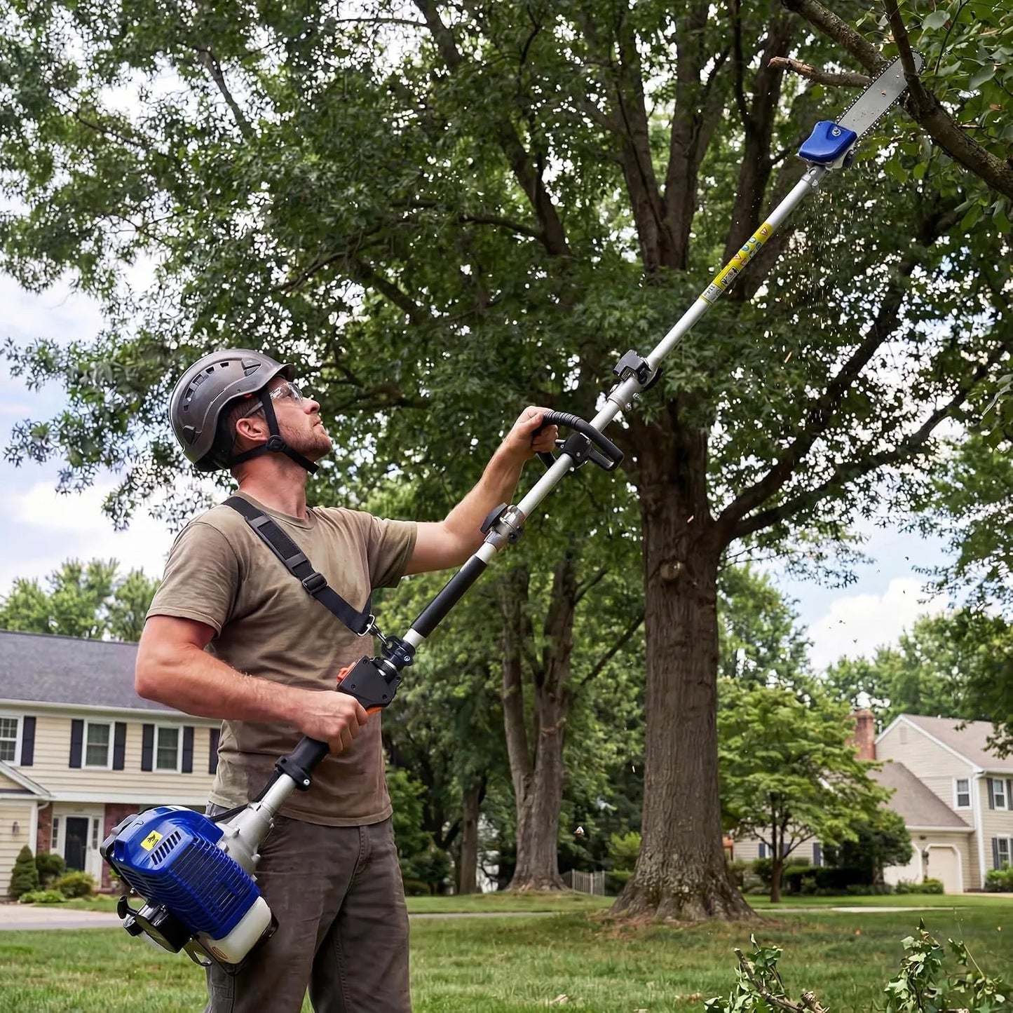 52/43 CC Gas Powered Pole Saw 2-Stroke Chainsaw 12" Bar 2.0HP 3000RPM Tree Trimmer Pruner 16ft Reach 1200ml Tank Shoulder Strap Ergonomic Handle for Garden Orchard Branch Cutting Logging Heavy Duty High Reach Landscaping Hedg