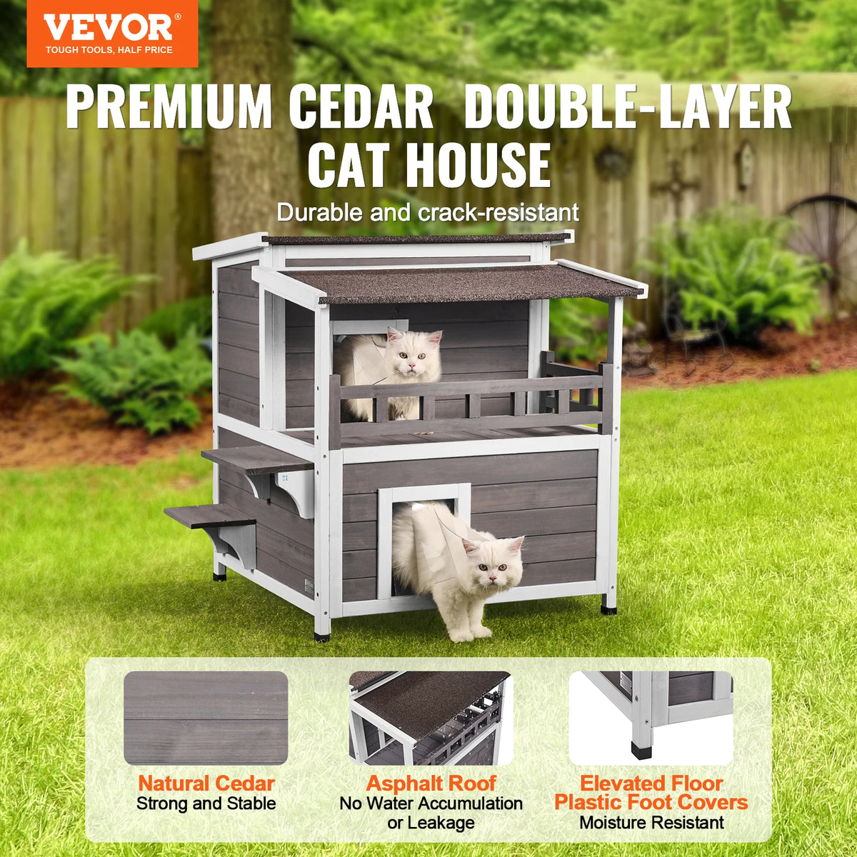 Weatherproof Two Story Wooden Outdoor Cat Shelter With Balcony