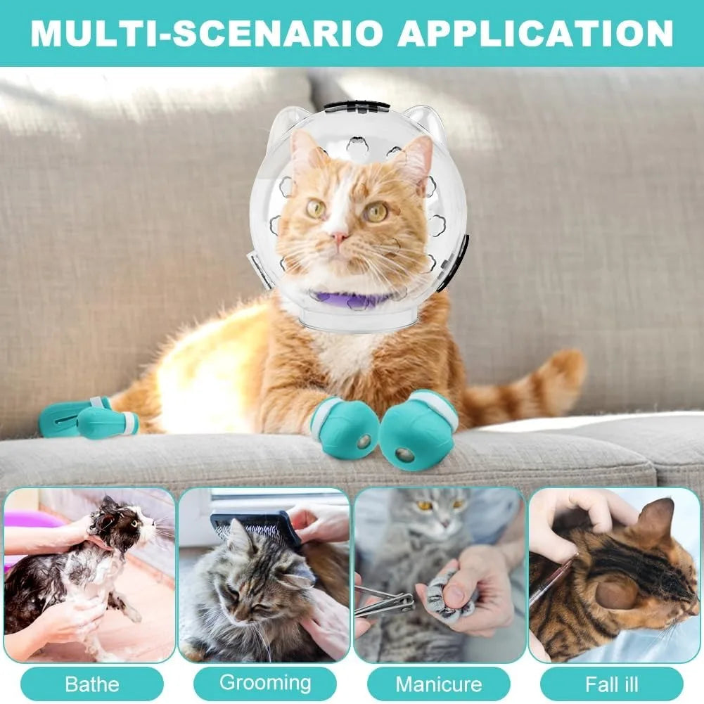 Cat Bubble Muzzle For Grooming, Bite Anti Licking Pet Grooming Helmet With 4 Silicone Anti-Scratch Paw Shoes