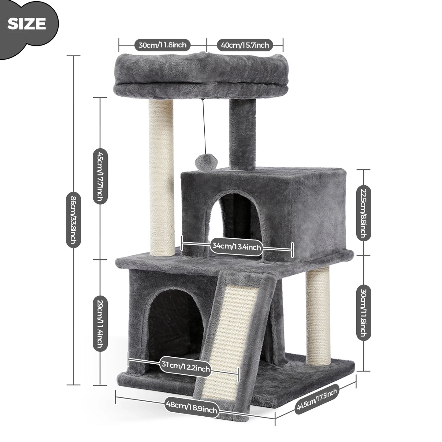 Cat Tree Multilevel Cat Tower with Double Condos, Spacious Perch, Fully Wrapped Scratching Sisal Post and Replaceable Balls