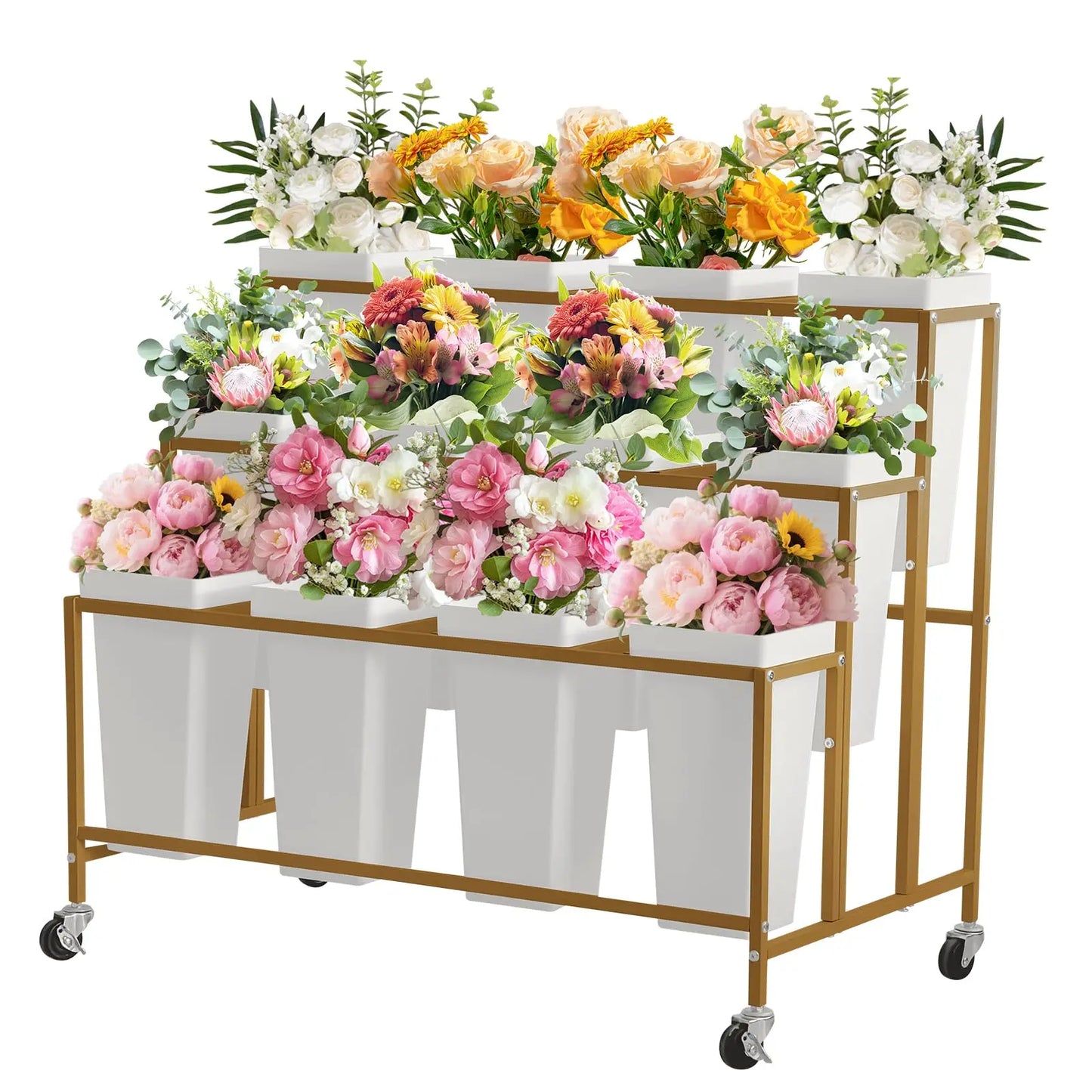 3 Tier Rolling Flower Display Stand With 12 Removable Buckets, Metal Plant Cart With Locking Wheels For Garden Wedding Flower Shop