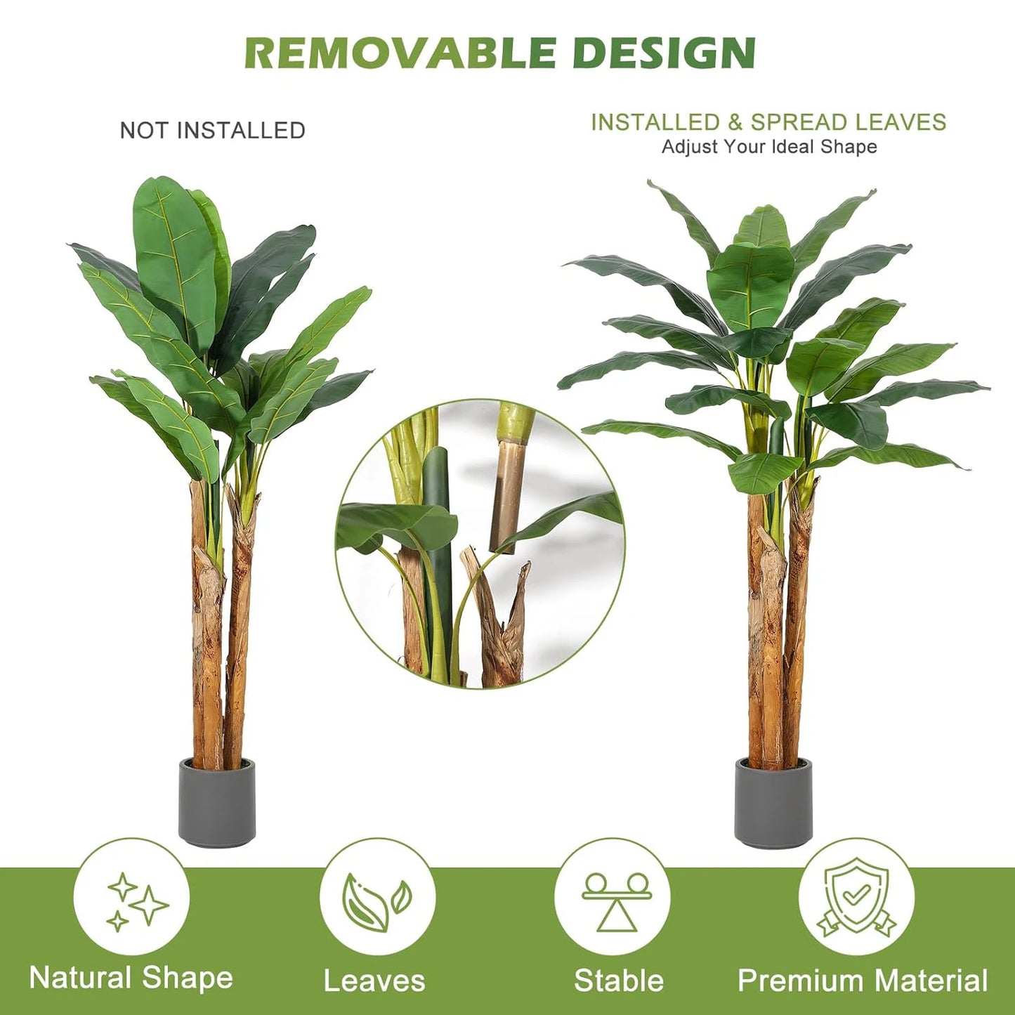 5FT/6FT Artificial Banana Tree,Tall Faux Tropical Plant in Grey Planter, Lifelike Fake Banana Tree for Home Office Living Room Entryway Patio