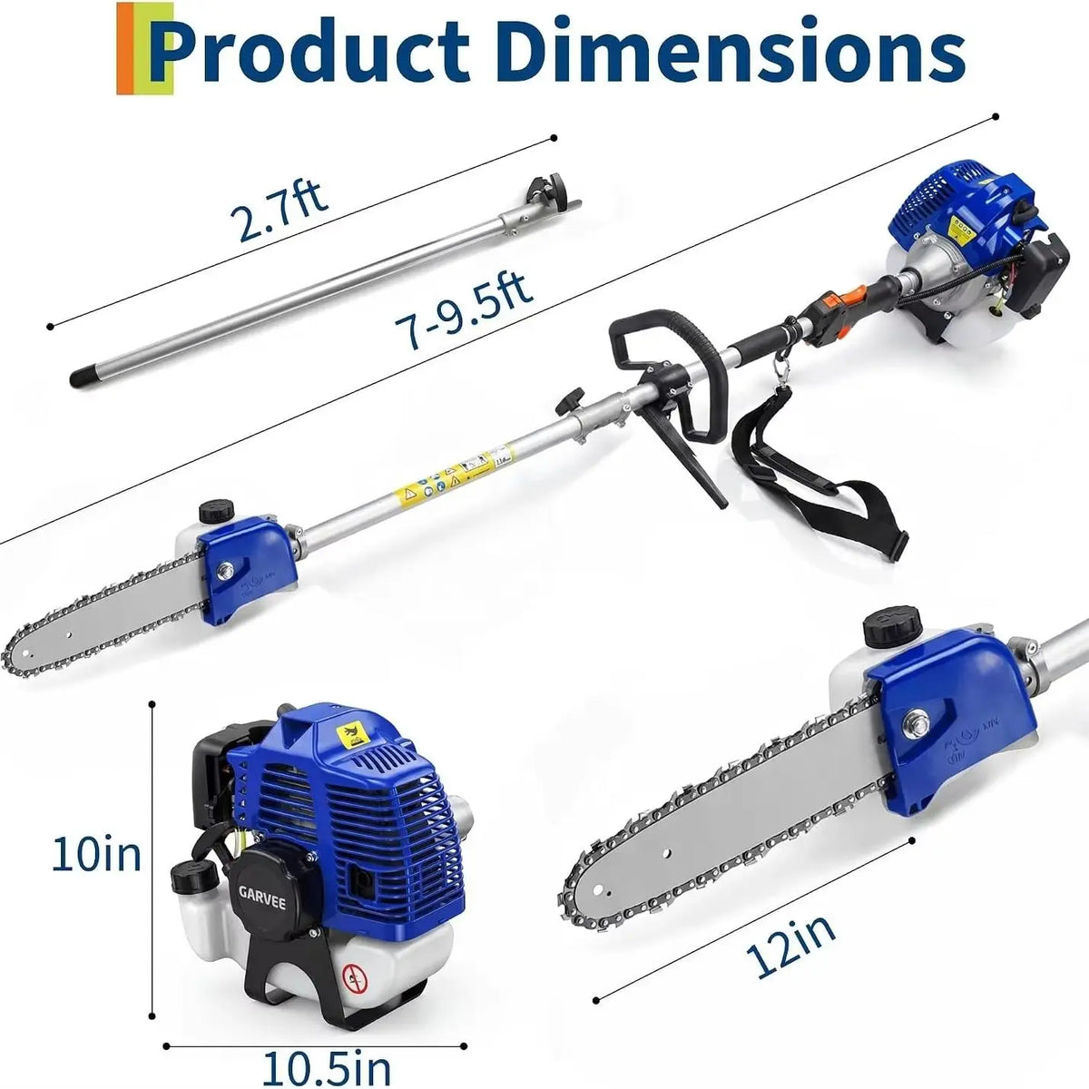 52/43 CC Gas Powered Pole Saw 2-Stroke Chainsaw 12" Bar 2.0HP 3000RPM Tree Trimmer Pruner 16ft Reach 1200ml Tank Shoulder Strap Ergonomic Handle for Garden Orchard Branch Cutting Logging Heavy Duty High Reach Landscaping Hedg