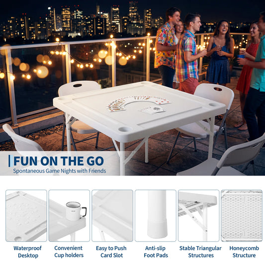 35" Folding Card Table, Portable 4-Player Domino & Mahjong Table with Cup Holders & Chip Trays, Heavy Duty Square Foldable Table for Poker, Camping and Picnic