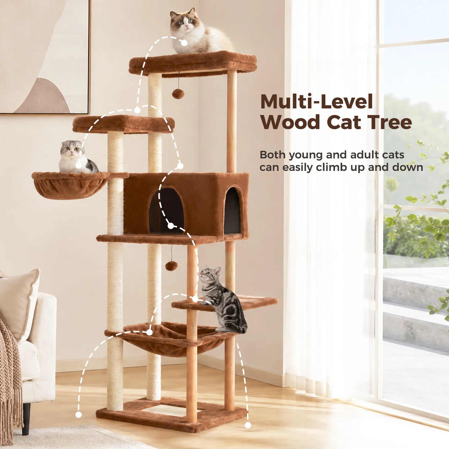 Multi-Level Cat Tree for Indoor Cats Tall Wooden Cat Tower with Sisal Scratching Post Spacious Hammocks Large Cat Condo Cat Toys