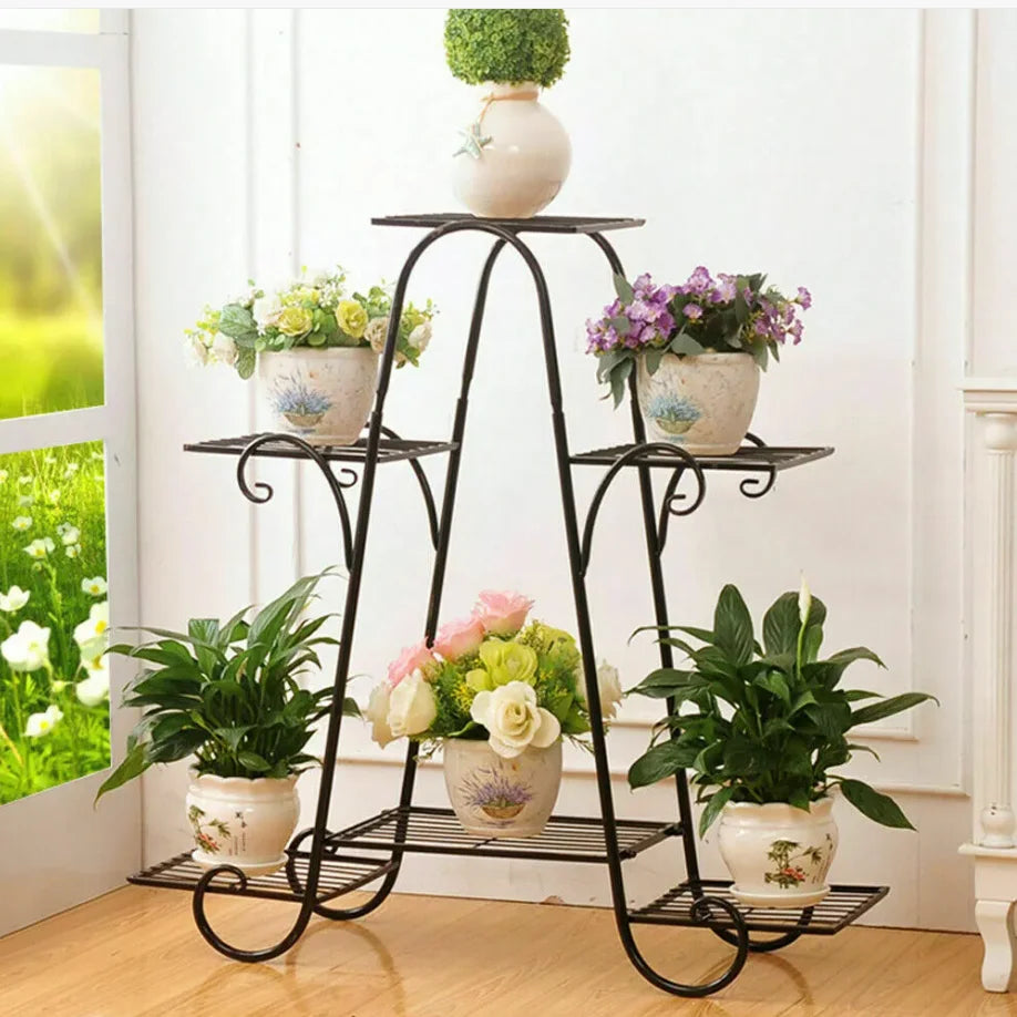 6 Tiers Metal Plant Stand Indoor Outdoor Flower Anti-rust Flower Pot Display Shelf Black