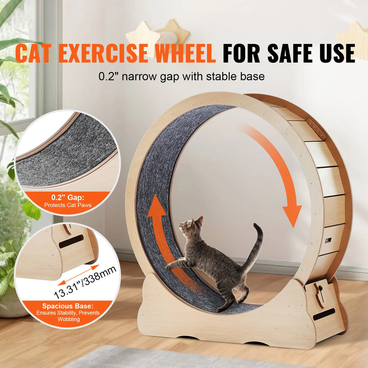 SucceBuy Wooden Cat Exercise Wheel Large Cat Treadmill Wheel for Indoor Cats Cat Running Wheel with Detachable Carpet&Cat Teaser