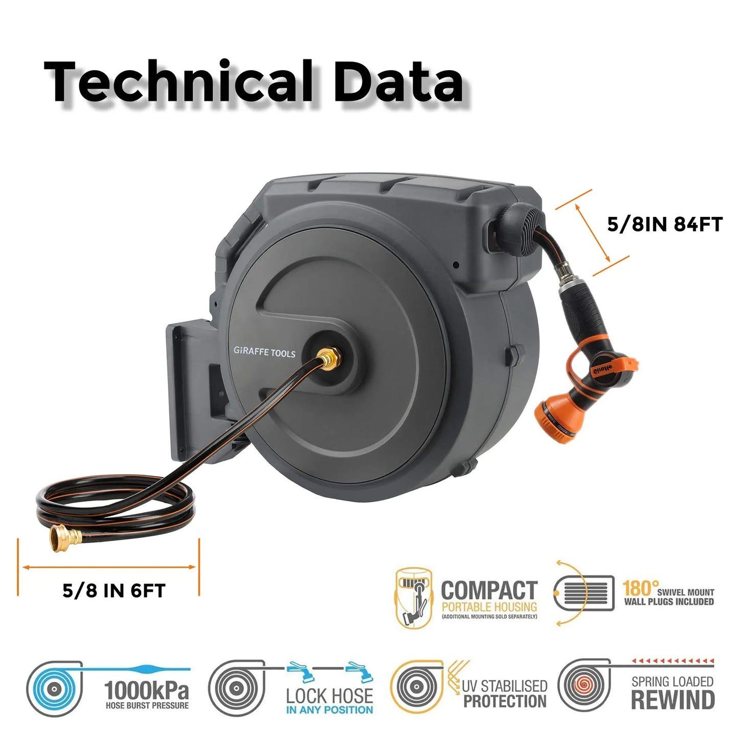 Giraffe Tools AW40 Retractable Hose Reel 5/8" x 90 ft Wall Mounted Garden Hose Reel Heavy Duty, Automatic Rewind