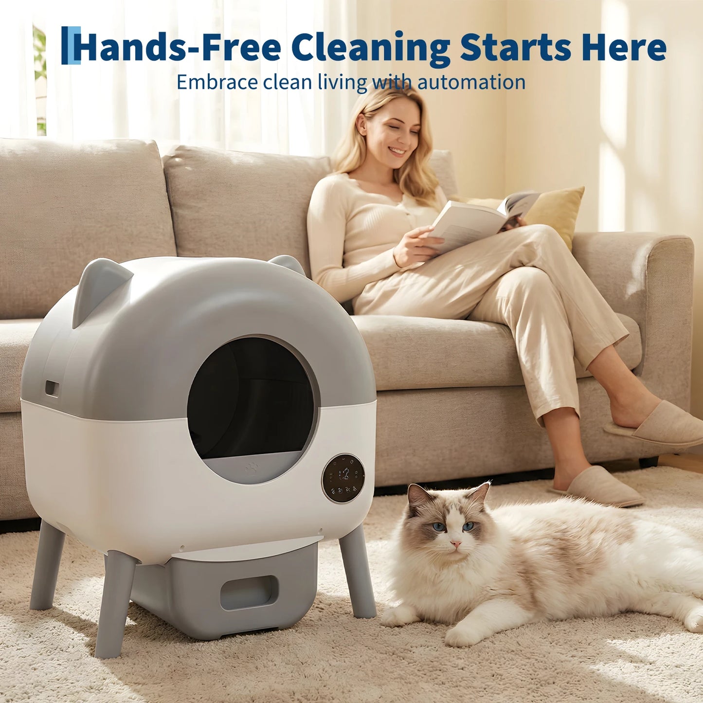 Self Cleaning Litter Box, 76L Large Capacity Automatic Cat Litter Box for Multiple Cats, Electric Cat Litters Box App Control, Multiple Safety Protection, Built-in LED Lights, 1 Roll Garbage Bags