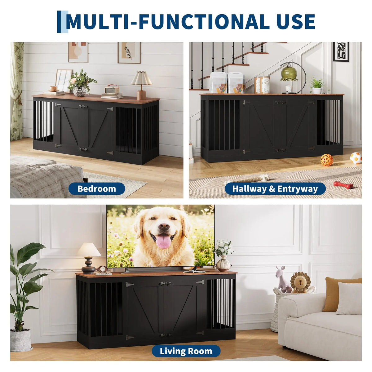 Farmhouse Dog Crate Furniture TV Stand With Secure Lockable Doors