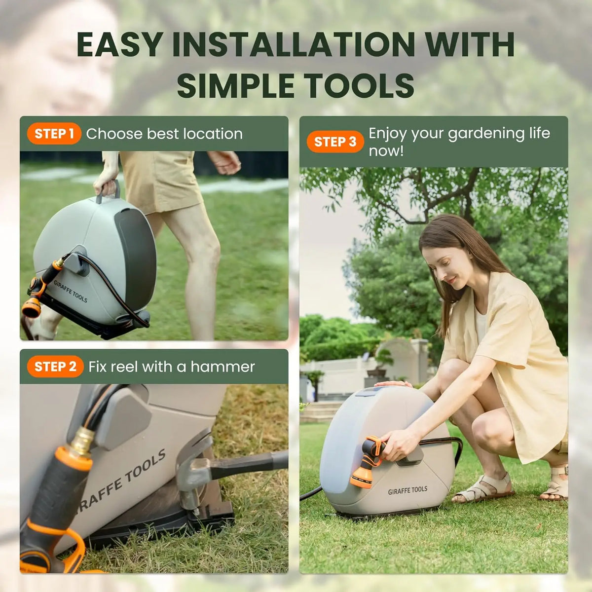 Giraffe Tools Retractable Hose Reel 1/2 Inch x 82FT,Heavy Duty Ground Mount Garden Hose Reel, Automatic Rewind, Any Length Lock