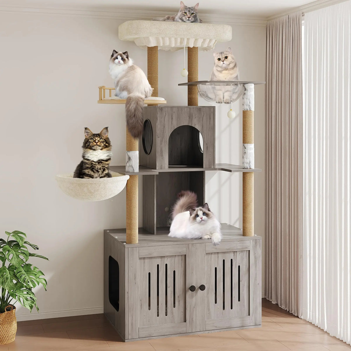 Cat Tree With Litter Box Enclosure Multi Level Cat Tower Hidden Litter Box Furniture Large Plush Top Perch Sisal Scratching Posts Cat Condo And Hammock For Indoor Cats Living Room