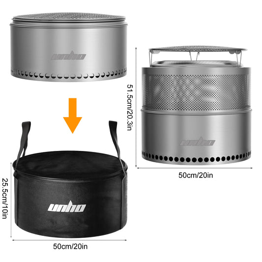 UNHO 19-inch Smokeless Fire Pit, Used for Outdoor Wood Burning, Portable 304 Stainless Steel Camping Stove, Perforated Fireplace, Suitable for Outdoor Heating, Hunting, Barbecue and Ice Fishing.