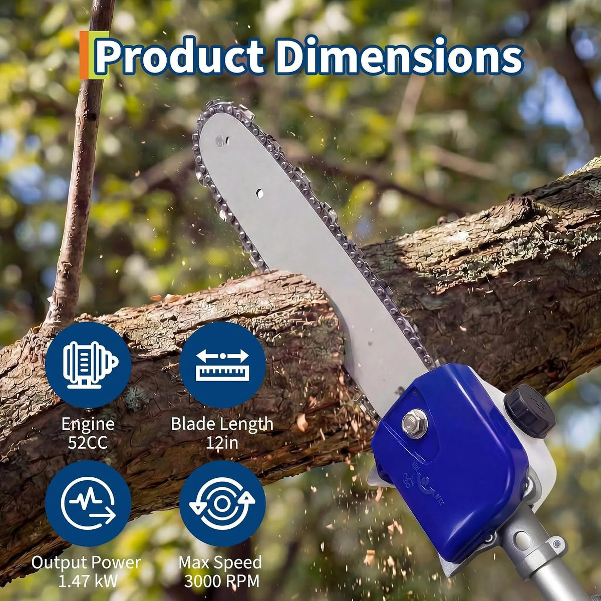 52/43 CC Gas Powered Pole Saw 2-Stroke Chainsaw 12" Bar 2.0HP 3000RPM Tree Trimmer Pruner 16ft Reach 1200ml Tank Shoulder Strap Ergonomic Handle for Garden Orchard Branch Cutting Logging Heavy Duty High Reach Landscaping Hedg
