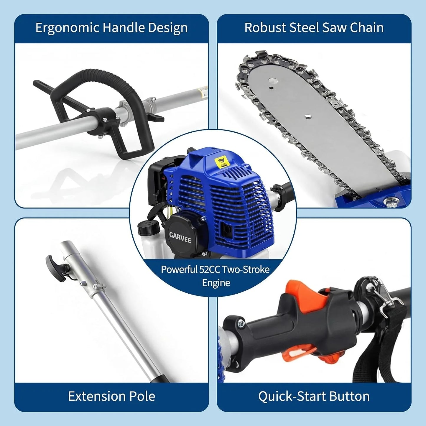 52/43 CC Gas Powered Pole Saw 2-Stroke Chainsaw 12" Bar 2.0HP 3000RPM Tree Trimmer Pruner 16ft Reach 1200ml Tank Shoulder Strap Ergonomic Handle for Garden Orchard Branch Cutting Logging Heavy Duty High Reach Landscaping Hedg