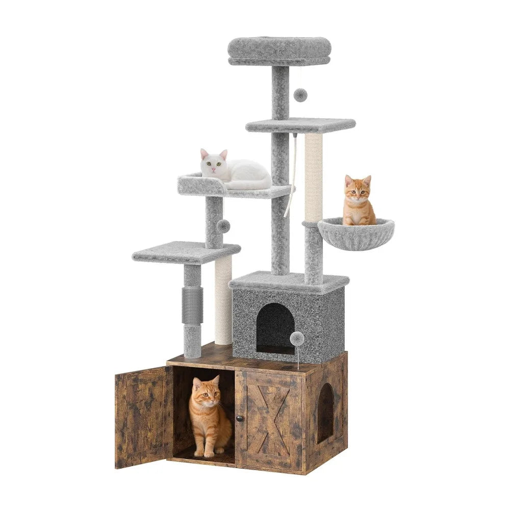 3-in-1 Modern Cat Tree with Hidden Litter Box Enclosure, Cat Condo Furniture with Scratching Post, Hammock & Platforms, Odor Control Tower for Small Spaces, Rustic Brown