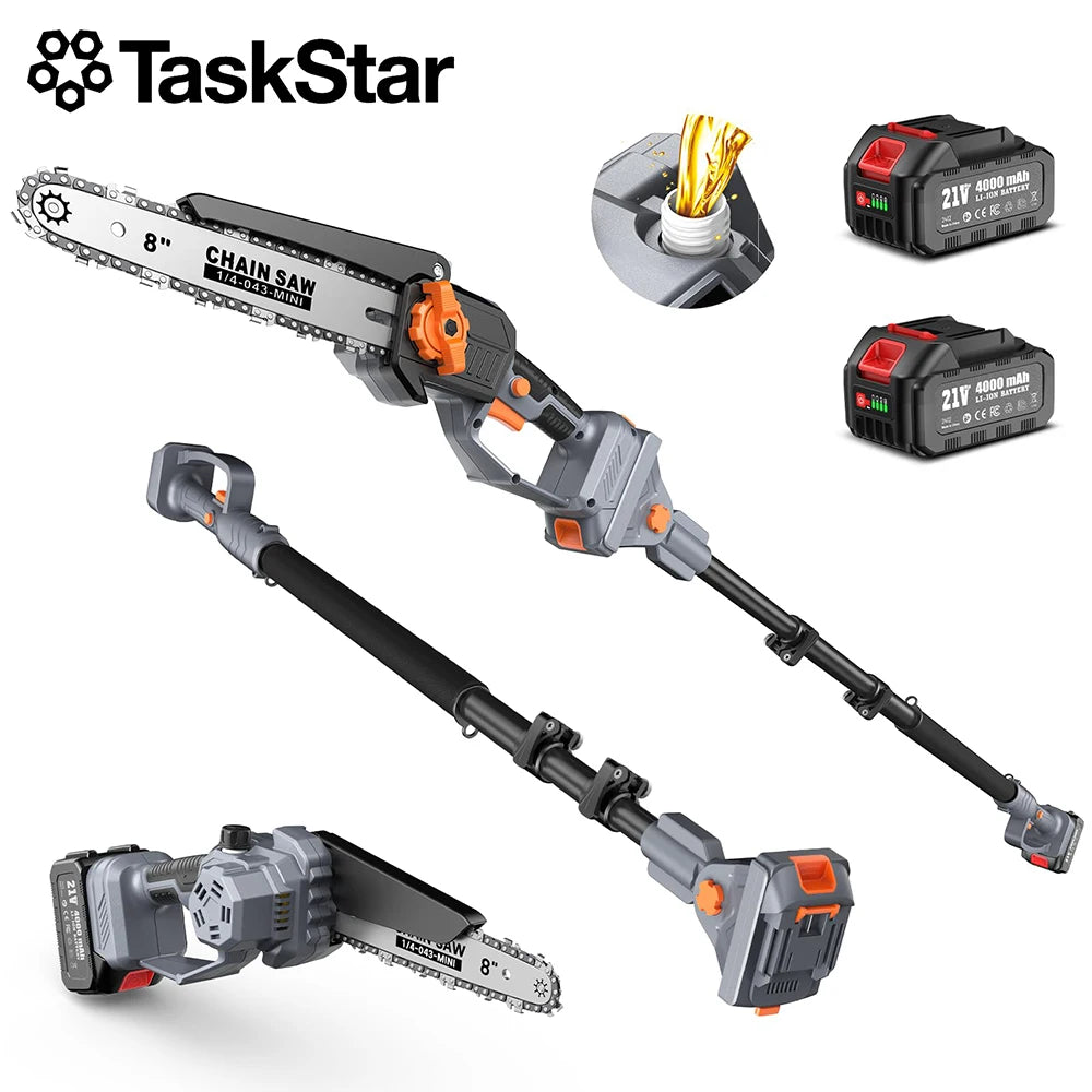 TaskStar 8" Extendable Pruning Saw Garden Tree Pruner Chainsaw Adjustable 15Ft 180° Rotatable Pole Saw With 2 4000mAh Batteries