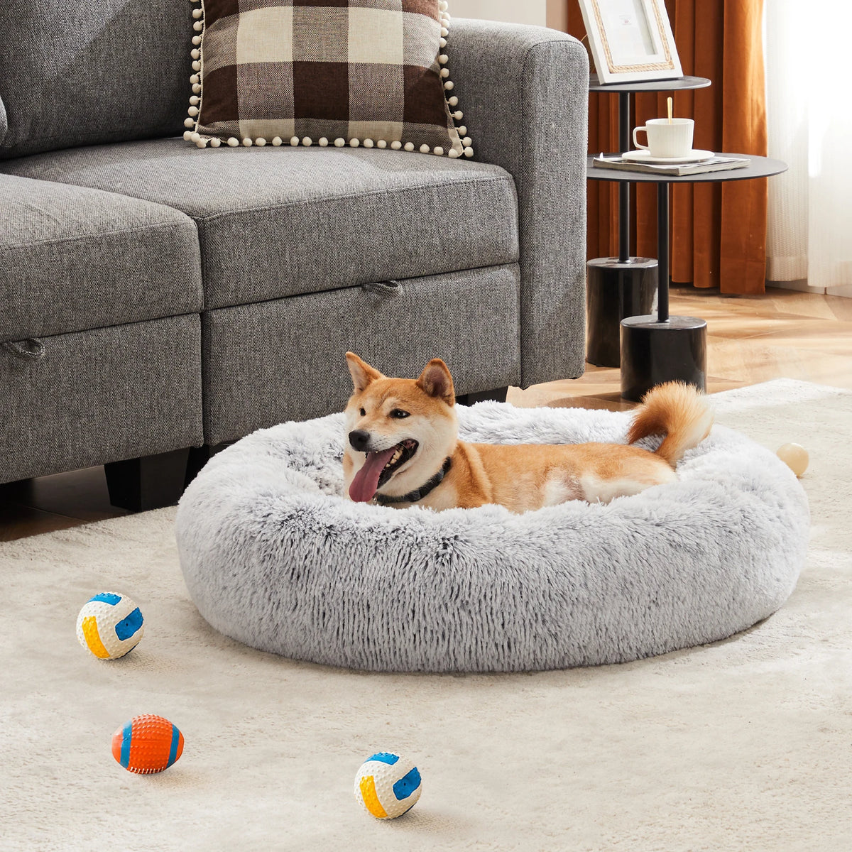 JHK Plush Faux Fur Calming Dog Bed With Washable Cover