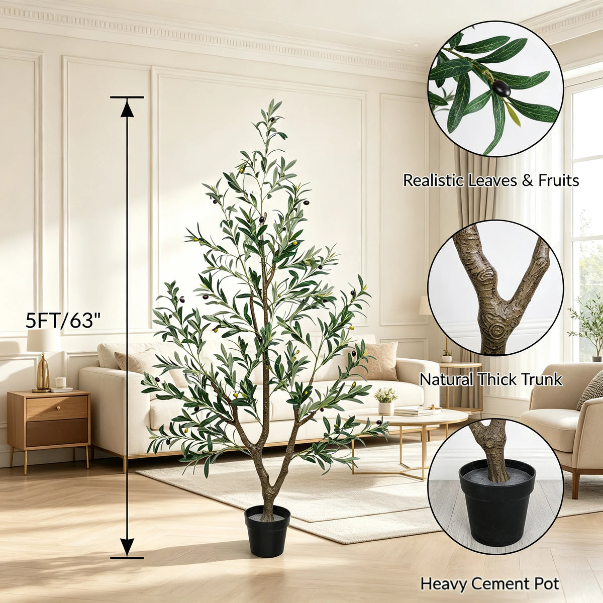 1.5/1.8/2.1m Artificial Olive Tree PE Real Touch Faux Olive Tree with Black Pot Outdoor Indoor Artificial Plants with Natural Wood Trunk and Lifelike Fruits for Home Office Decor