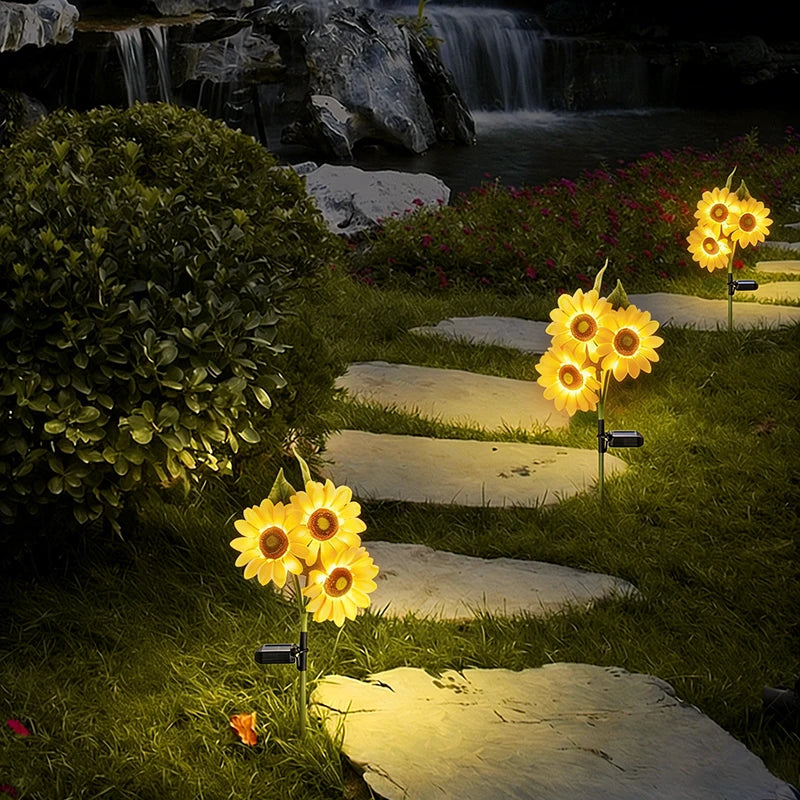 3 Head Solar Powered Sunflower Light Outdoor Waterproof LED Ground Insert Lawn Lamp For Garden Lawn Courtyard Decoration