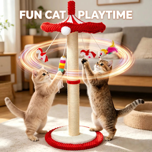 39“ Tall Carousel Cat Scratching Post with Hanging Toys Cat Tree Tower with Rotating Top 17.7" Stable Base Interactive Toys For Indoor Kittens and Adult Cats Climbing
