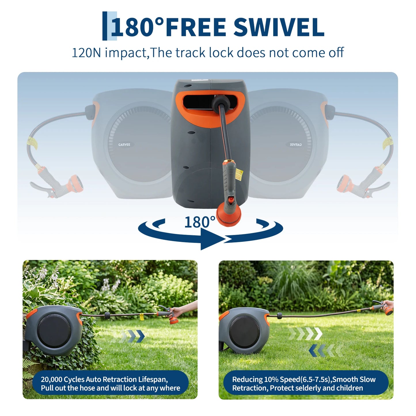Retractable Garden Hose Reel, 1/2" In Mesh PVC Water Hose Reels with 10-Function Spray Nozzle, Automatic Slow Retraction System, Any Length Lock for Garden, Yard & Outdoor Watering