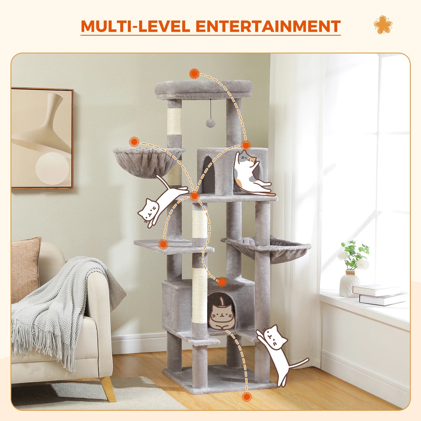 Cat Tree for Indoor Cats Large Adult, Cat Tower with Sisal-Covered Scratching Post, Super Large Metal Hammock and 2 Big Condos