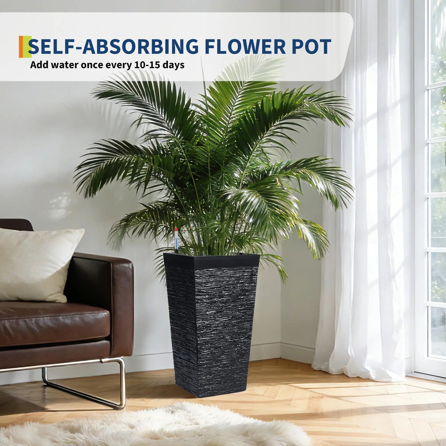 22.5'' Tall Planters Set Of 2, Self Watering Outdoor Indoor Front Porch Planter Pots With Drainage Holes & Water Monitor System