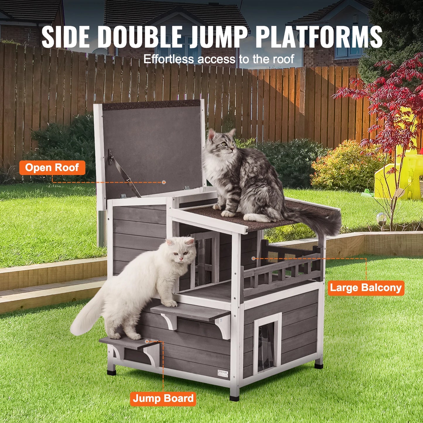 Weatherproof Two Story Wooden Outdoor Cat Shelter With Balcony