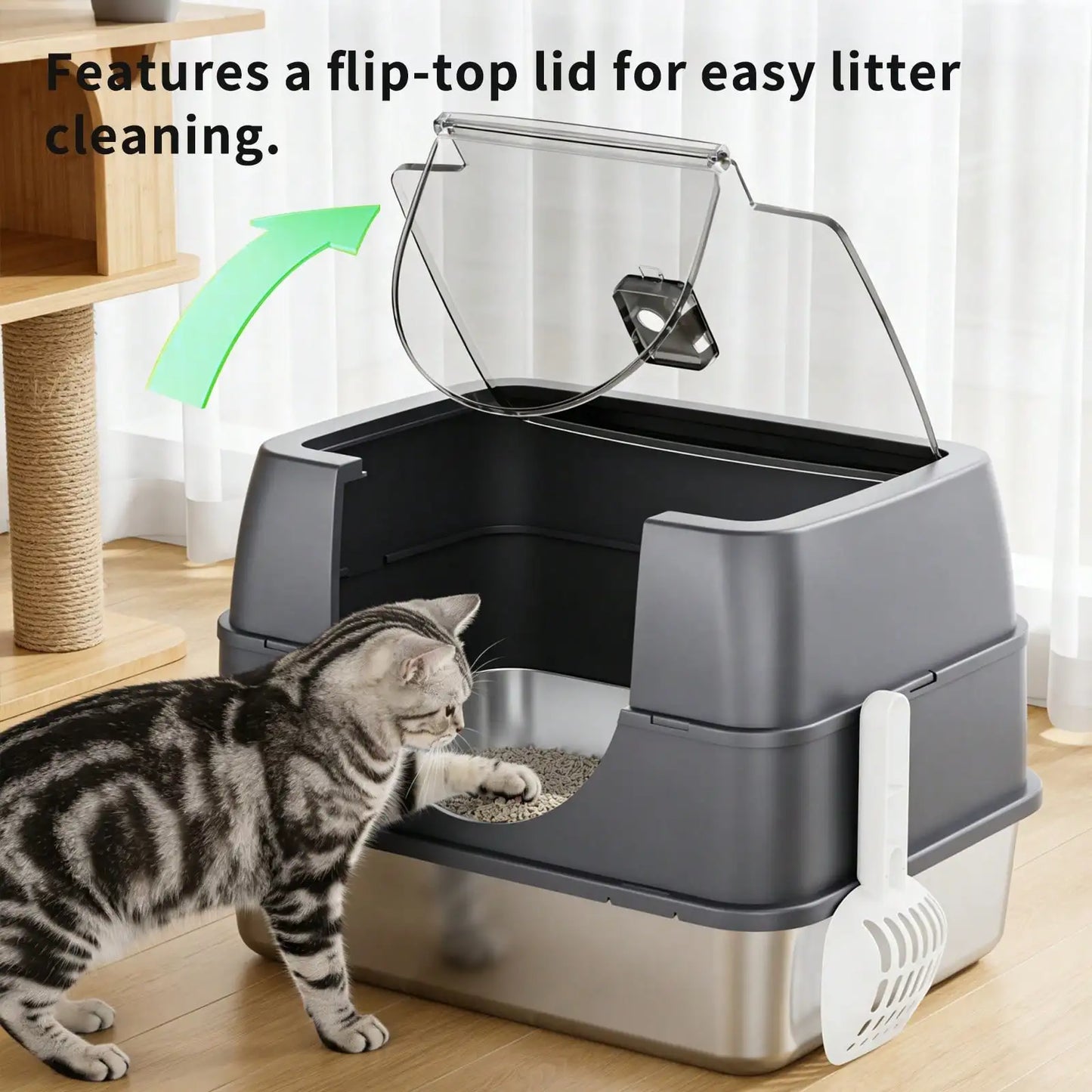Extra Large Stainless Steel Litter Box With Lid, High Sided Enclosed Metal Cat Litter Pan, Dog Proof Front Entry Top Exit, Odor Control Easy Clean Leak Proof, Includes Mat, Scoop & Step
