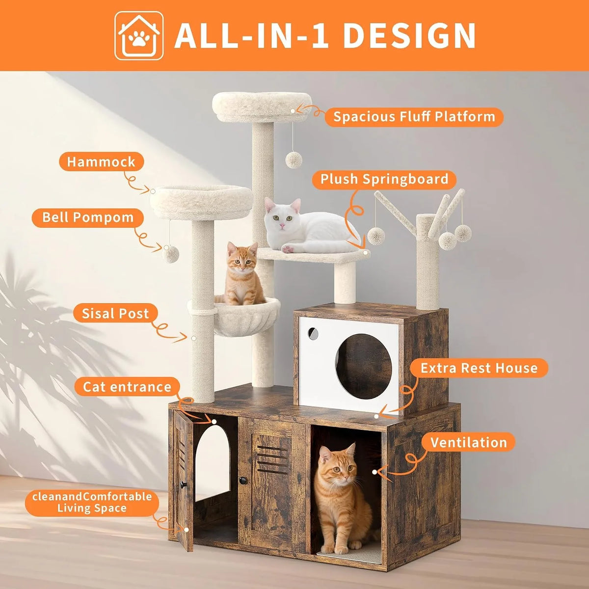 Cat Tower with Litter Box Enclosure, 2-in-1 Modern Cat Tree, 55.1-Inch Cat Condo with Scratching Posts, Hidden Litter Cabinet, Hammock & Perches, Engineered Wood, Indoor Use